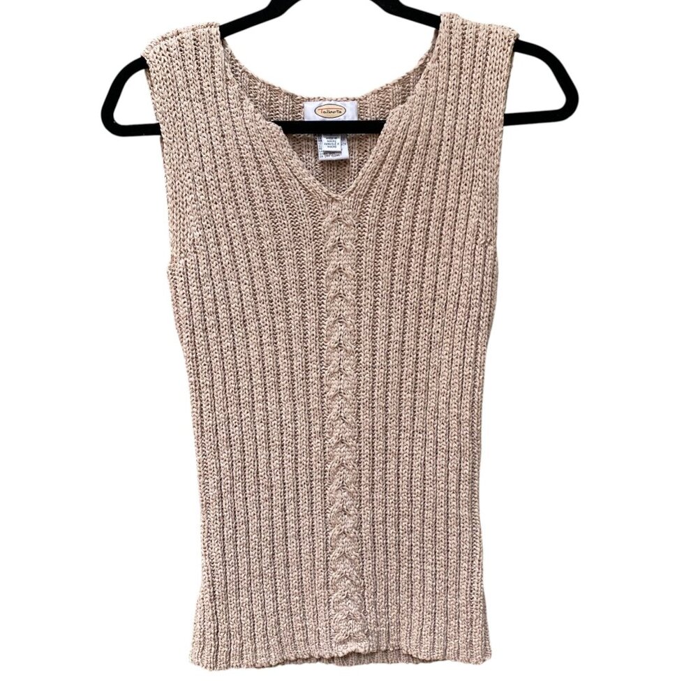 Vintage Talbots Chunky Cable Knit Ribbed Sleeveless Sweater Top Tan Old Money-S